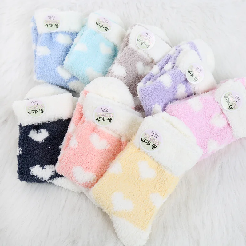 

Wholesale 50 pairs Winter Warm Love Heart Fluffy Coral Fleece Socks for Women Soft Velvet Indoor Floor Casual Slippers Sock Sox