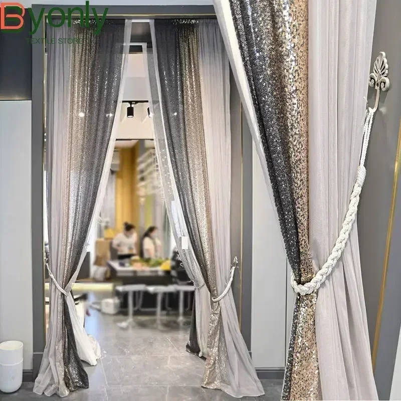 

American Light Luxury Curtain For Living Room Bedroom Romantic Wedding Home Gradient Sequin Tulle Decor Sheer Drapes Custom #4