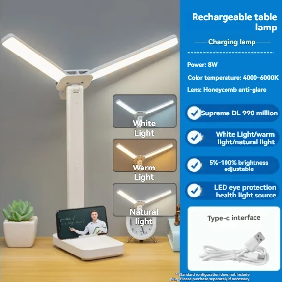 Lâmpada de mesa LED de cabeça dupla, luz de leitura regulável dobrável com bateria recarregável USB, luz noturna para quarto, dormitório, estudo