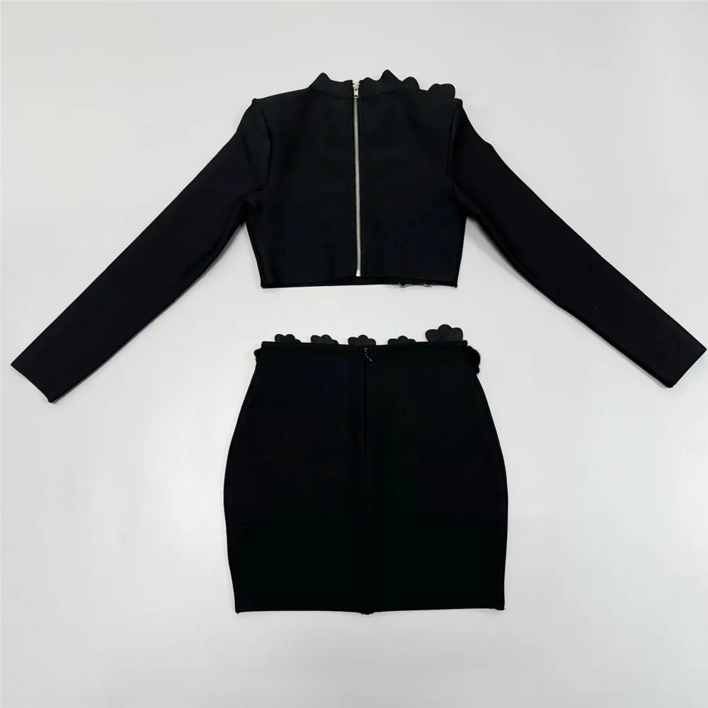 2024 New Autumn Women Bandage Sets Sexy Beading Long Sleeve Tops Mini Skirt Club Party Outwear Two Pieces Sets 3