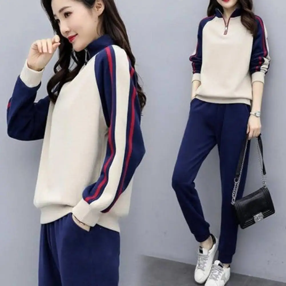 Autumn Winter Suit Women's Color Matching Tracksuit Set with Stand Collar Sweatshirt Elastic Waist Pants for Fall Winter Thick