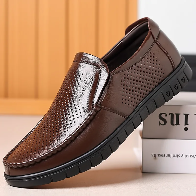 2024 New Summer Breathable Shoes for Men Genuine Leather Soft Casual Shoes Man Slip-on Cutout Shoes Cowhide Summer Loafers