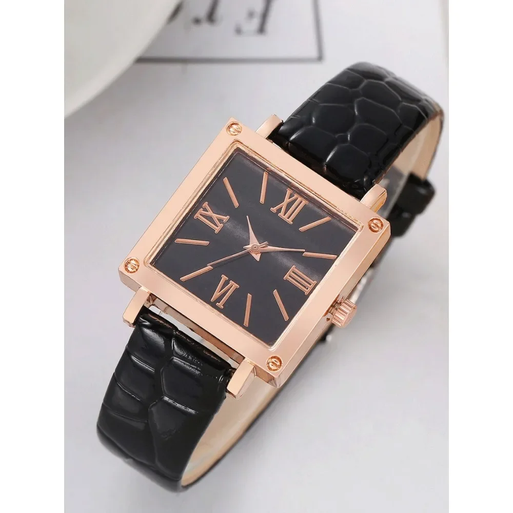 4-piece set of fashionable and simple women's square belt quartz watch retro high-end Roman watch set