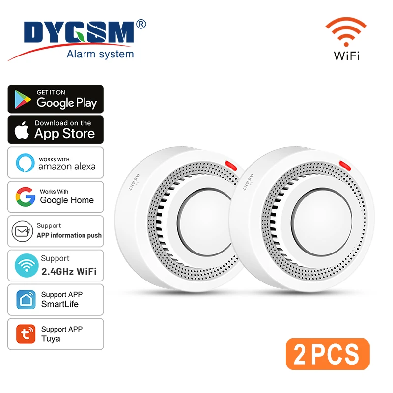 2 แพ็ค Tuya สมาร์ท WiFi เครื่องตรวจจับควันแบบเรียลไทม์ APP การแจ้งเตือน Wireless Fire Sensor Alarm 85dB เสียงสําหรับ Home/Office 1
