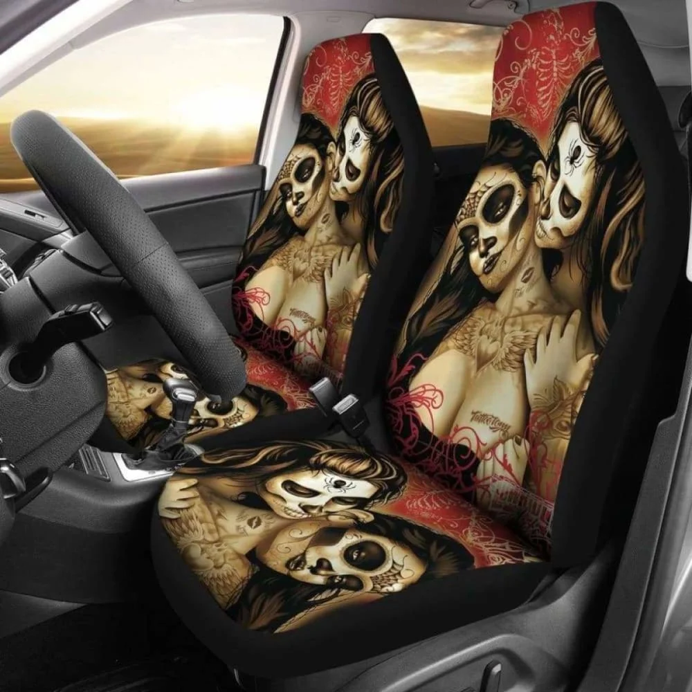 

Set Of 2 Sugar Skull Day Of The Dead Car Seat Covers,Pack of 2 Universal Front Seat Protective Cover