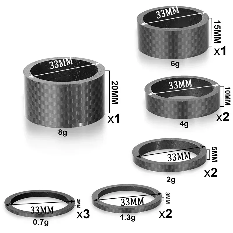 11PCS Headset Spacer Bike 1-1/8 Fork Stem Carbon Fiber Washer 20 15 10 5 3 2 Mm