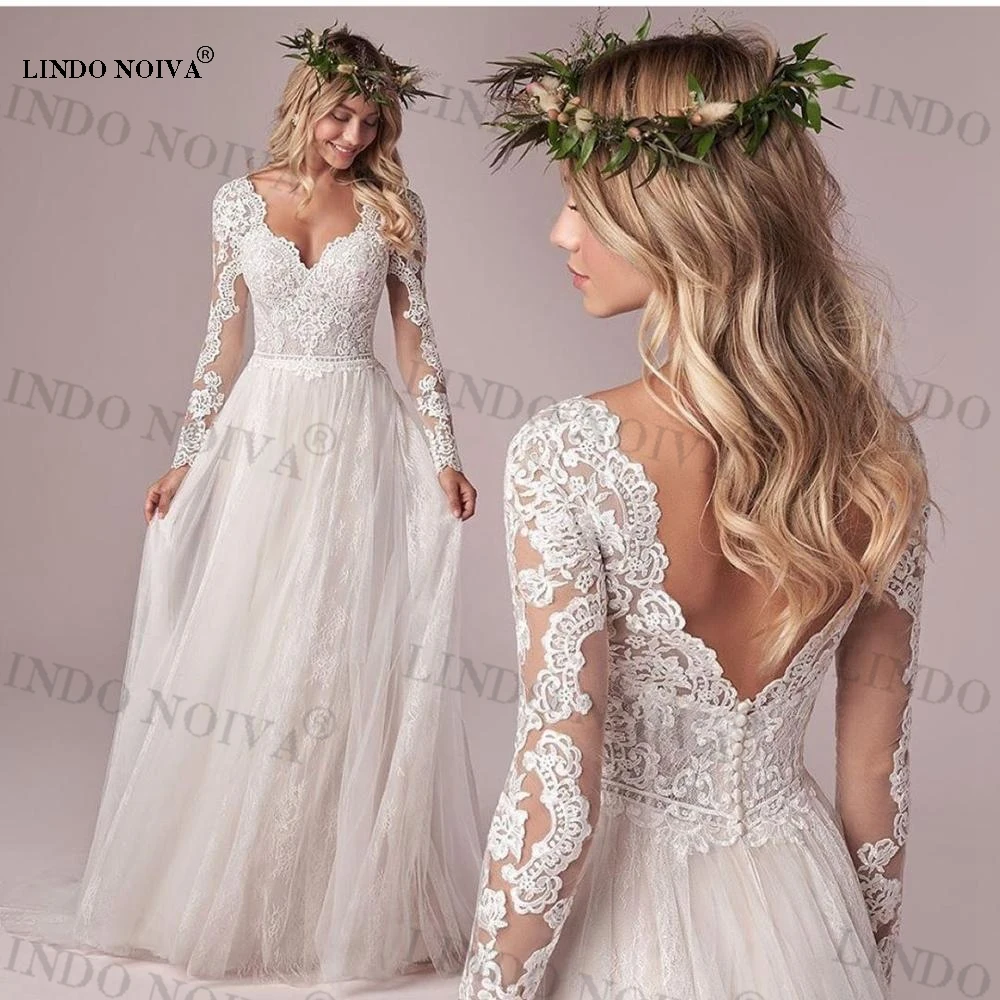 LINDO NOIVA 2023 Bohemian Long Sleeves White Tulle Chiffon Wedding Dress  Corset Low Back Lace Appliques Bridal Gown Floor Length - AliExpress