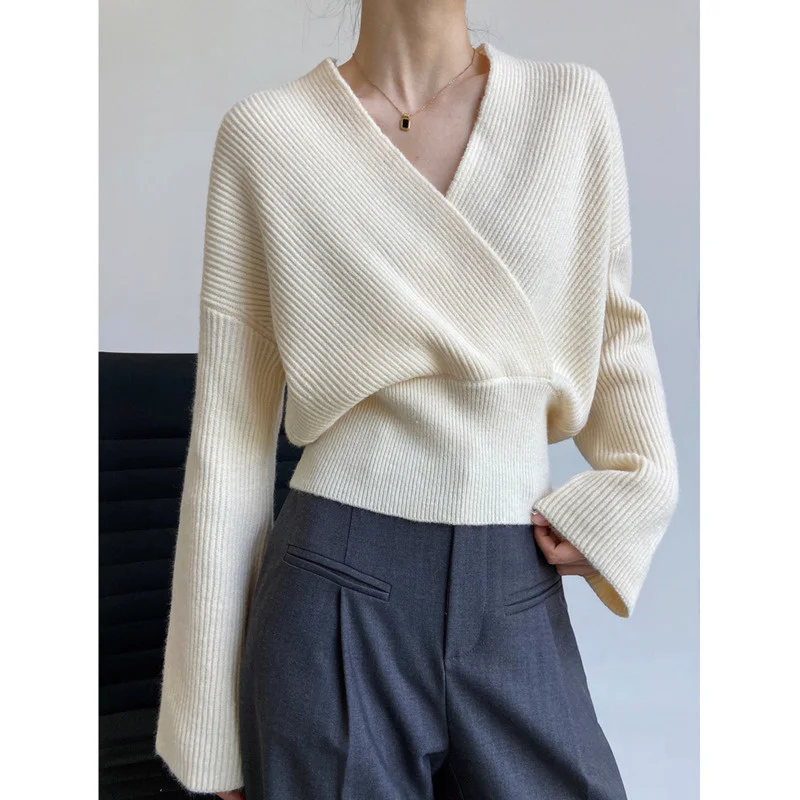 Autumn Winter Cross V-neck Wrap Short Knit Sweater Women Short High Waist Long Sleeve Solid Color Tops
