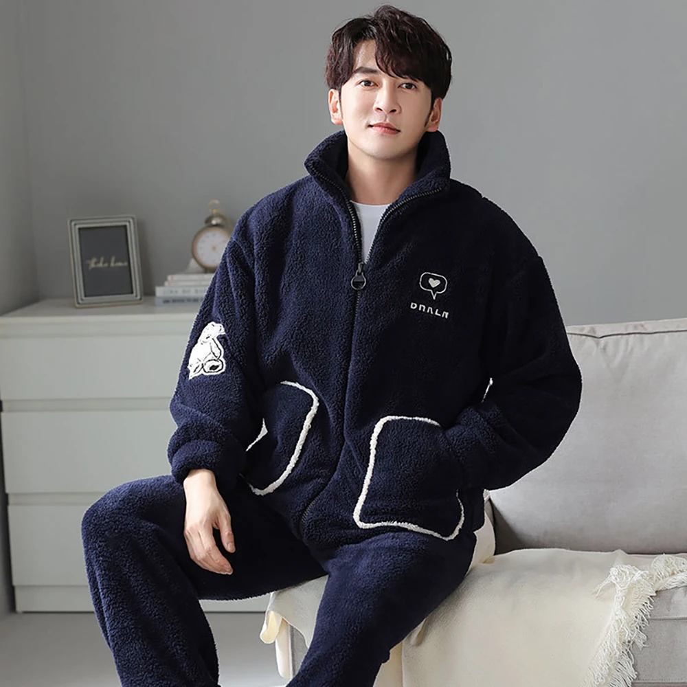 Men's Winter Coral Fleece Thicken Pajamas Warm Zipper Turtleneck Sleepwear Comfortable Loose Soft Pijama Hombre for Sleeping