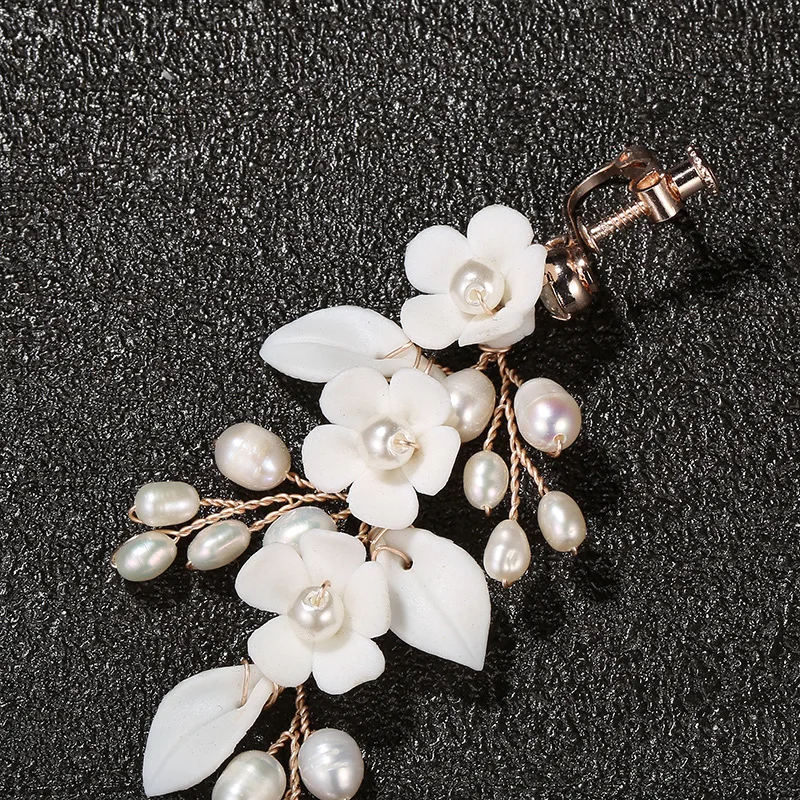 Freshwater Pearls Wedding Bridal Earrings White Porcelain Flower Women Drop Earring Handmade Jewelry 6