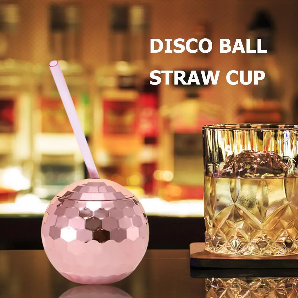 600ml Ball-shaped Sippy Cup Glittering Straw Cup Creative Disco Beverage Cups Spherical Water Cup for Beverage Wine