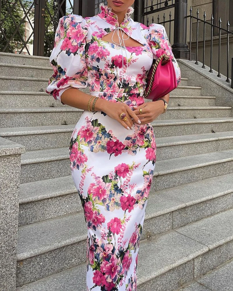 

Autumn Women Floral Print Puff Sleeve Bodycon Dress 2023 Femme Elegant Chinese Style Vintage Party Robe Lady Evening Wear traf