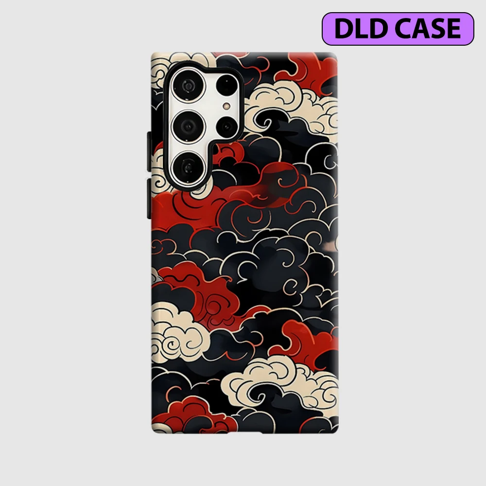 Elegant Red & Black Ukiyo-e Cloud Design Shockproof Phone Case - Double Layer Protection