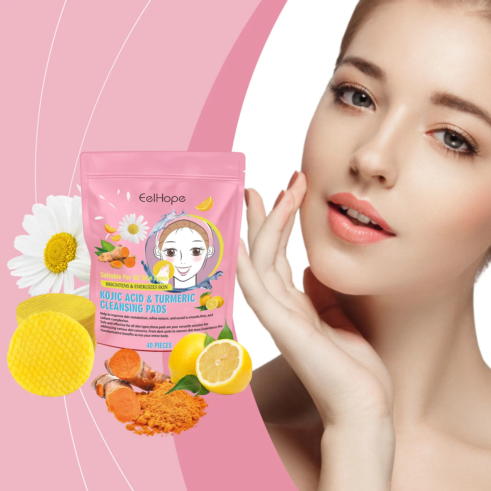 Turmeric Kojic Acid Facial Cleansing Pad Exfoliating Blackhead Removal Balancing Oil Brightening Exfoliator Facial Washing Pads 3