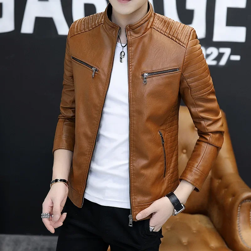 2024 Solid Color Cross-border Leather Jacket For Men Trendy Motorcycle Vest Windproof Slimming Smooths Your Silhouette 3