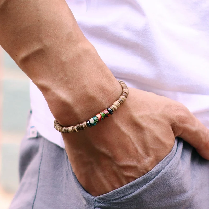 Coconut Bead Unisex Bracelet with Natural Wooden Stone