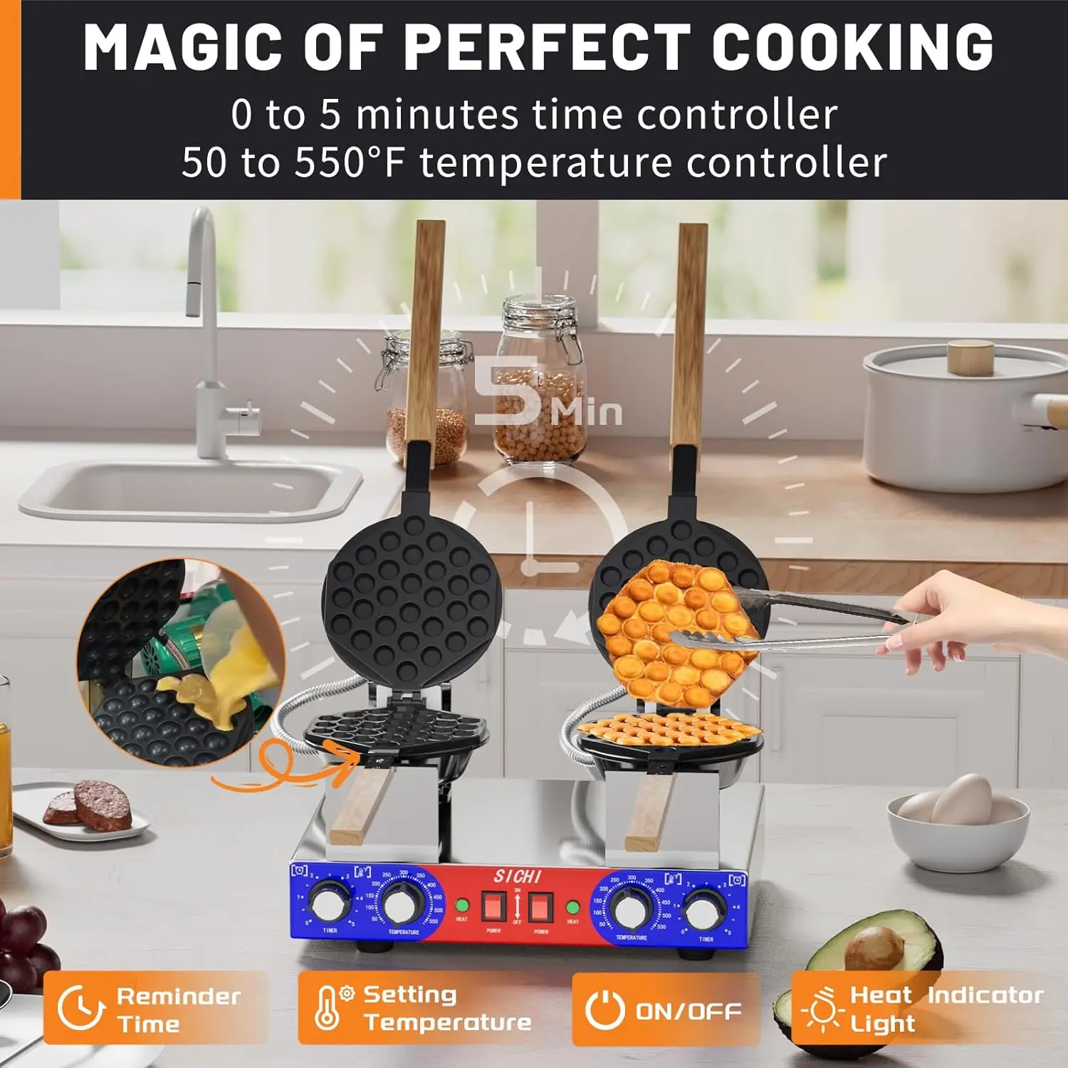 Waffle Maker Machine with 550℉Heating and Timer Control,7'' x 8'' Large Egg Pancake Double-sided Egg Waffle Maker with Nonstick, 5