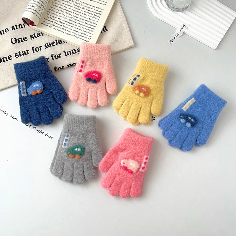 Cartoon Car Baby Gloves Winter Thick Knit Warm Boy Girl Full Finger Mittens Outdoor Windproof Toddler Kids Five Finger Gloves winter gloves,baby mittens