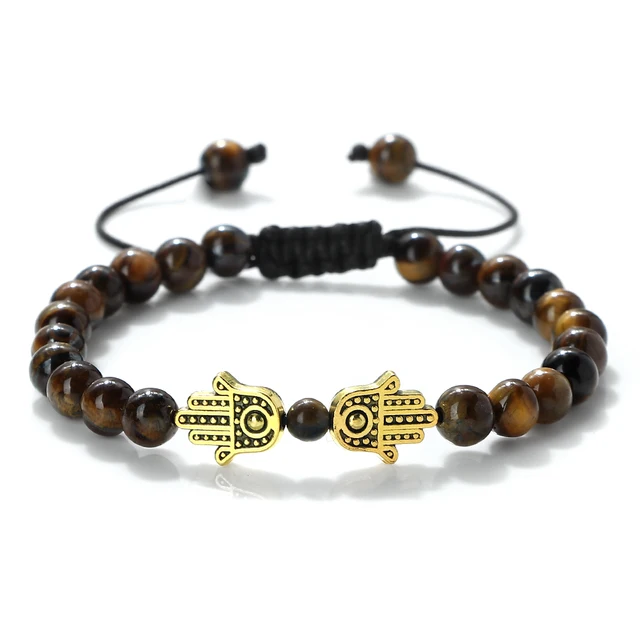Bracelet pendentif main de Hamsa en perles naturelles œil de tigre et pierre de lave, tressé, pour femmes, hommes, couples, bijou porte-bonheur et protection, cadeau