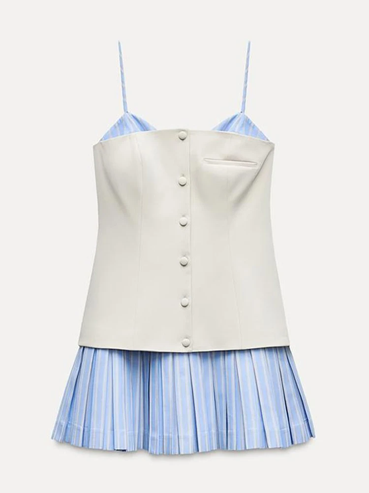 Patchwork Contrast Color Pleated Mini Dress Women Chic Strap Sleeveless Backless Single Breasted Dresses 2025 Spring Lady Robe 6