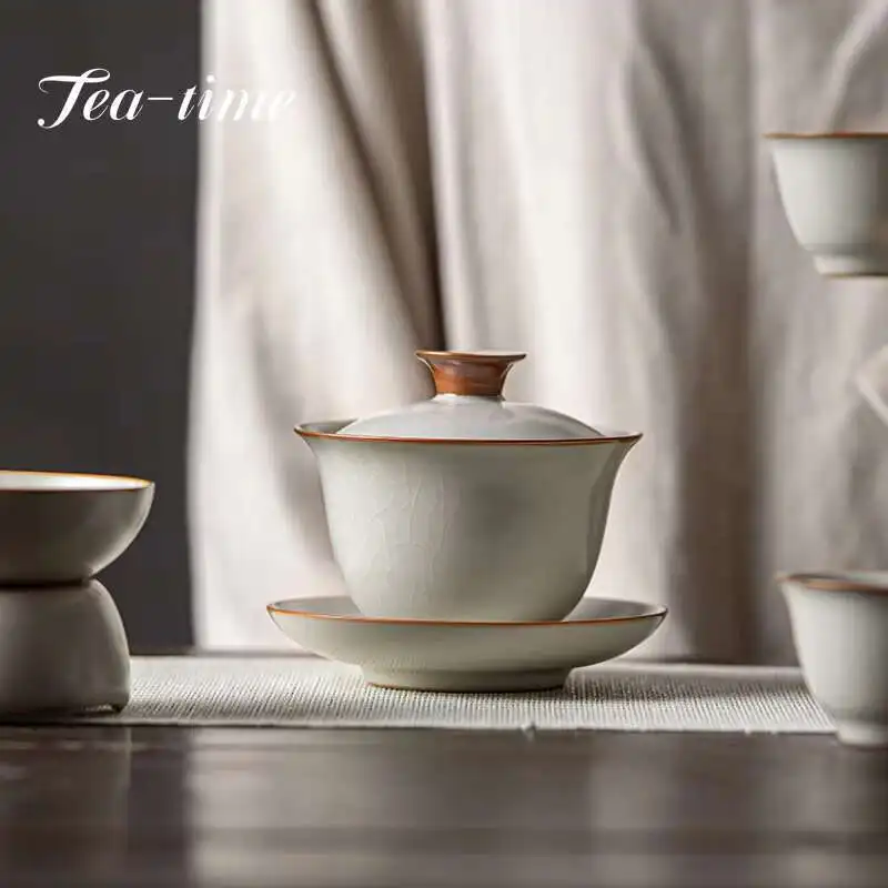 Ru Kiln Tea Cup Kung Fu Chawan Oolong Gaiwan Cover Bowl Maker Chinese Original Puer Garglin Cups Porcelain Supplies Set Wan Gai