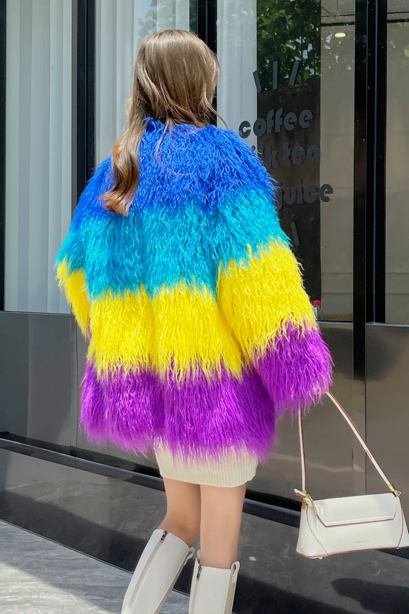 2022 Winter New Sheepskin Wool Faux Fur Coat Women V-neck Fashion Sweet Rainbow Lamb Wool Stitching Mid-Length Plush Fur Jacket