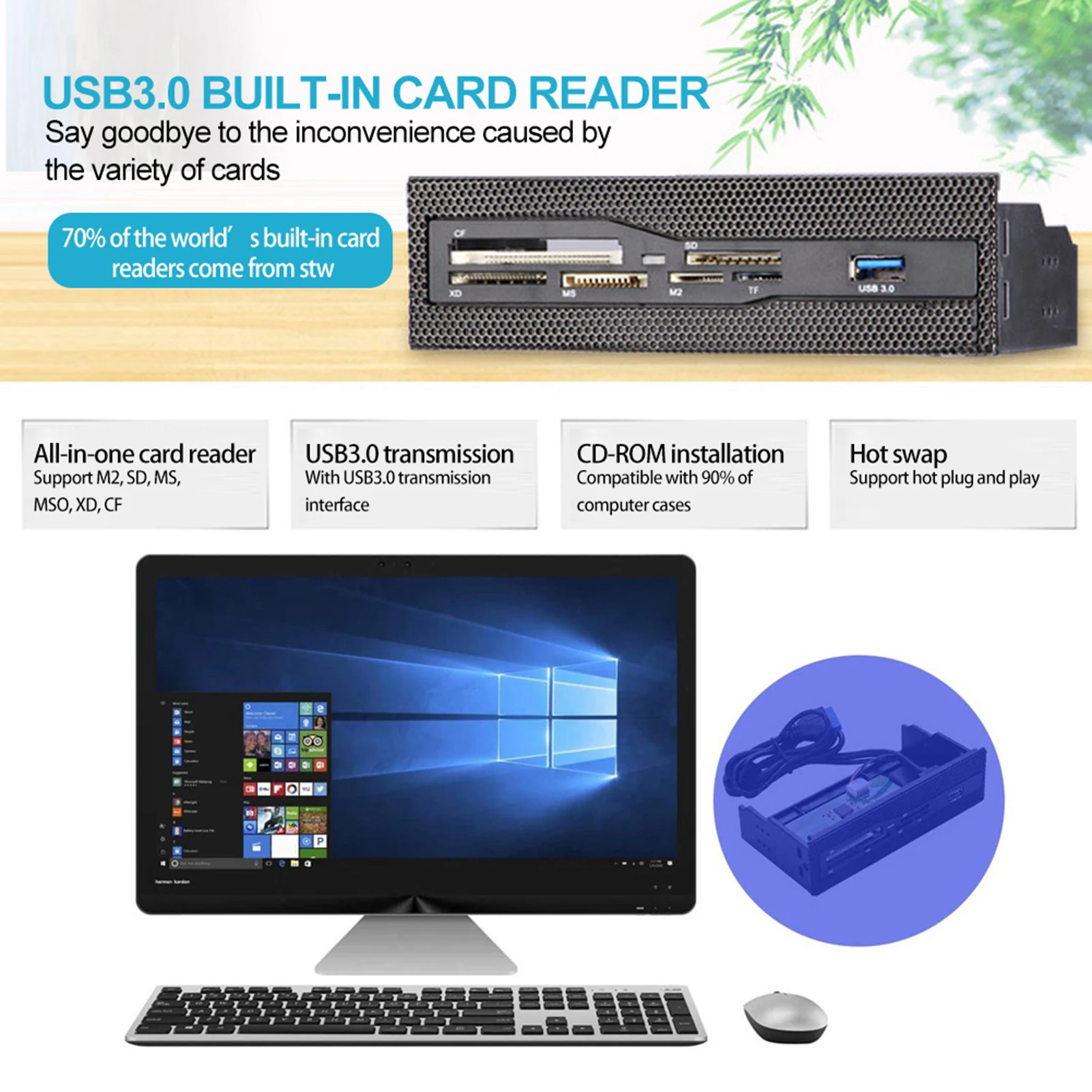 5.25인치 내장형 카드 리더 미디어 다기능 대시보드 PC 전면 패널 USB 3.0 지원 CF XD MS M2 TF SD 카드 리더 (PC용)