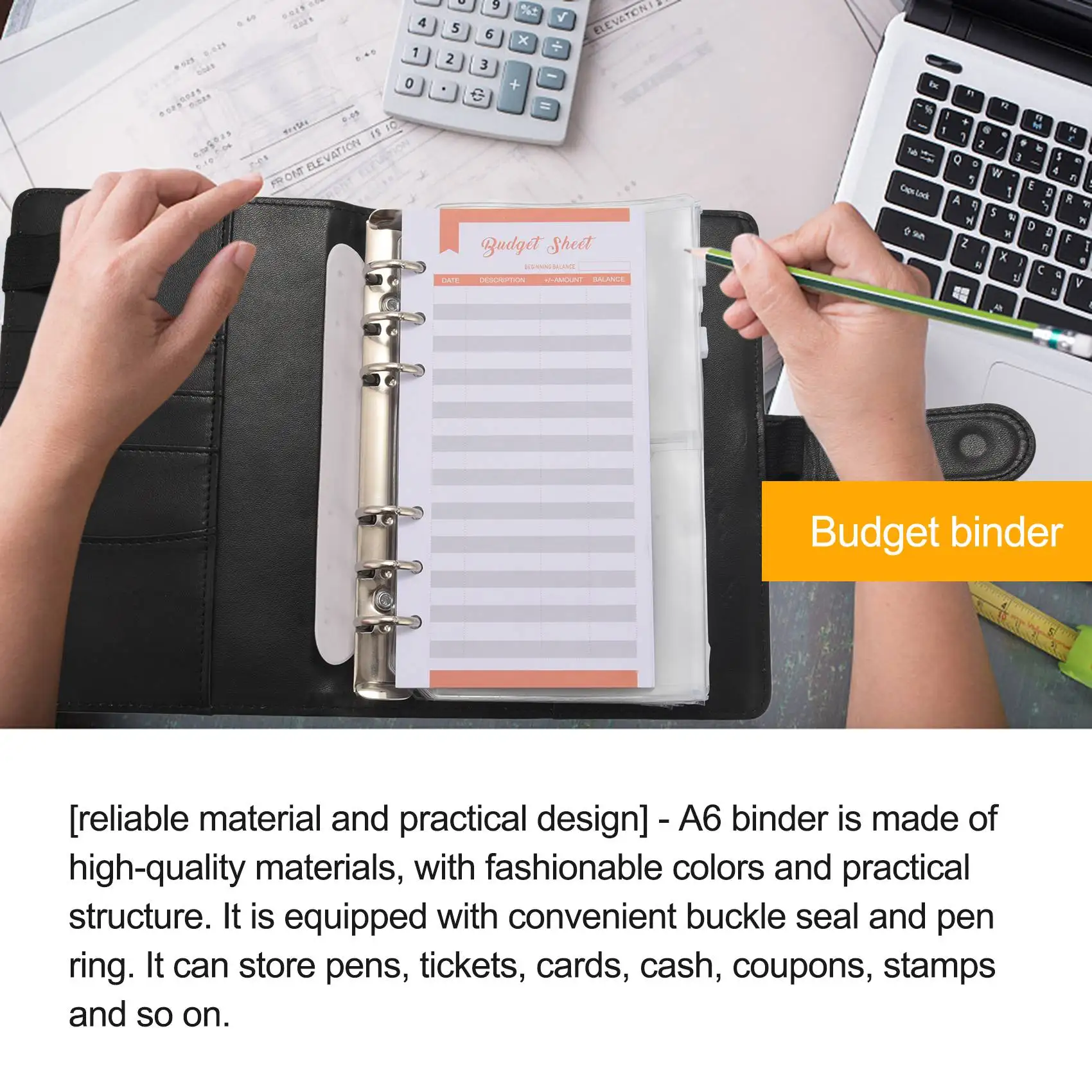 

Budget Binder, A6 PU Leather Notebook Planner Organizer Refillable 6 Ring Binder Cover Letter Sticker Labels Black