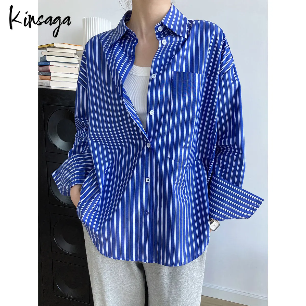 

Women Elegant Blue Striped Oversized Casual Retro Blouse One Pockets Slouchy Tops Grunge Loose Shirts All-match Roupas Femininas