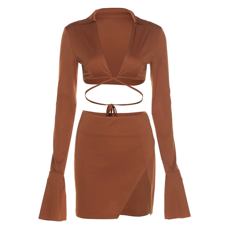 Style Autumn and Winter New Women's Long-Sleeved Lace-up Cardigan Sexy Split Sheath Skirt Casual SuitCok