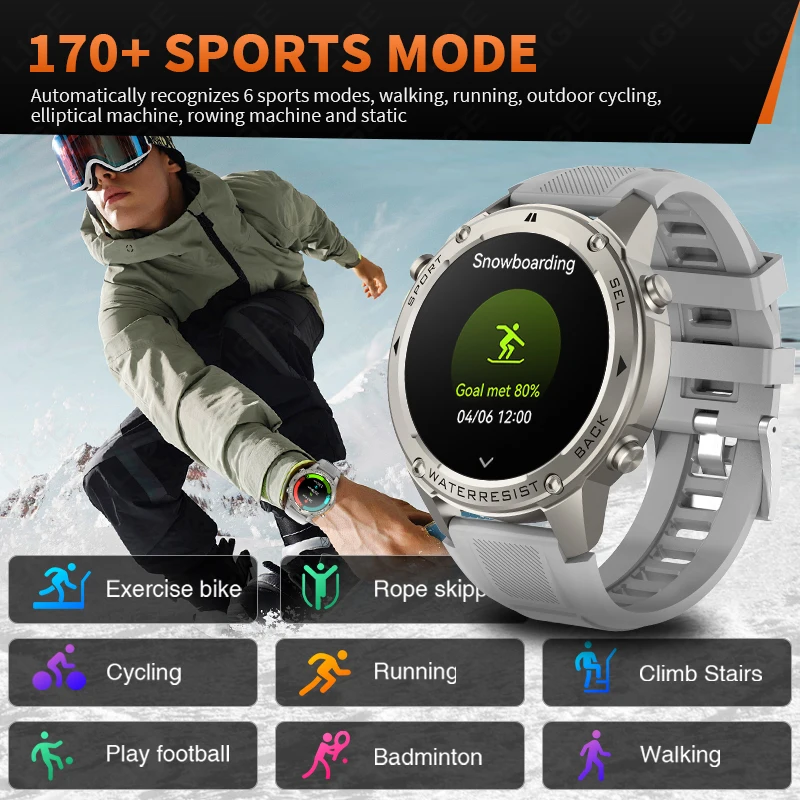 LIGE 5ATM Smart Watch 1.43" AMOLED Screen Voice Call Outdoor Sports Watches Men Waterproof 500mAh Battery Health GPS Smartwatch