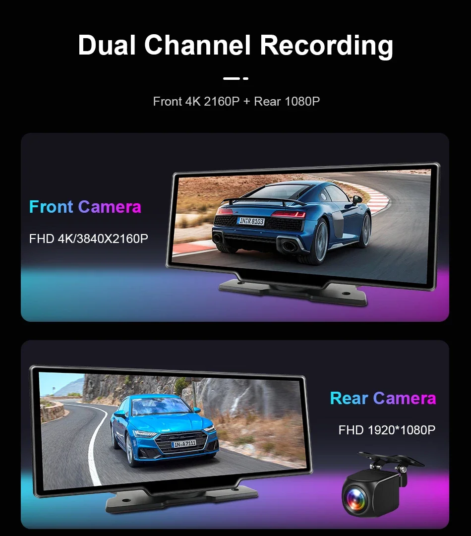 Srnubi 10,26 Zoll 4K Dash Cam Wireless CarPlay Android Auto Dashboard Auto DVR Videoaufzeichnung Nachtsicht GPS Navigation BT AUX – Detail 4
