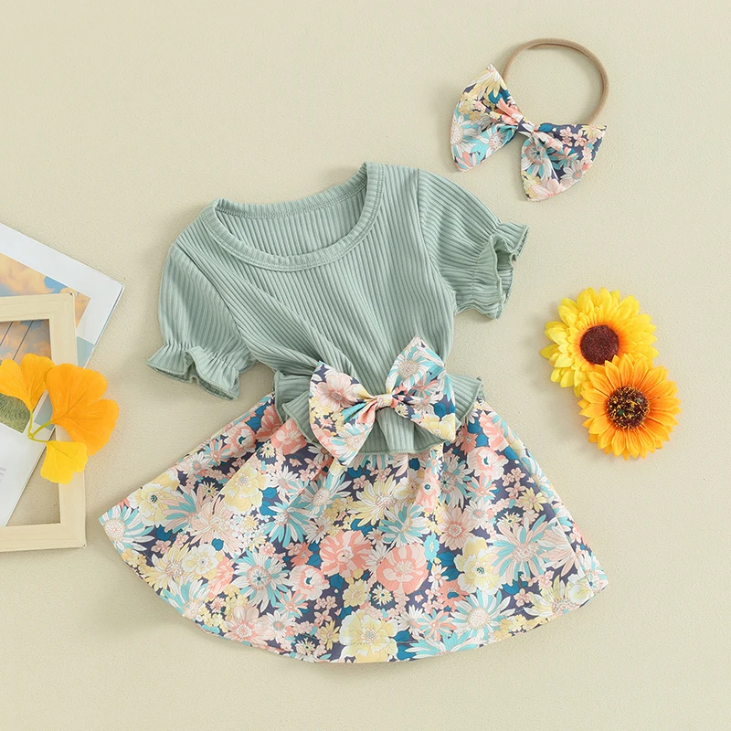 FOCUSNORM 0-3Y Toddler Baby Girls Cute Dress Floral Patchwork Short Sleeve Ribbed Bowknot A-Line Dress and Headband