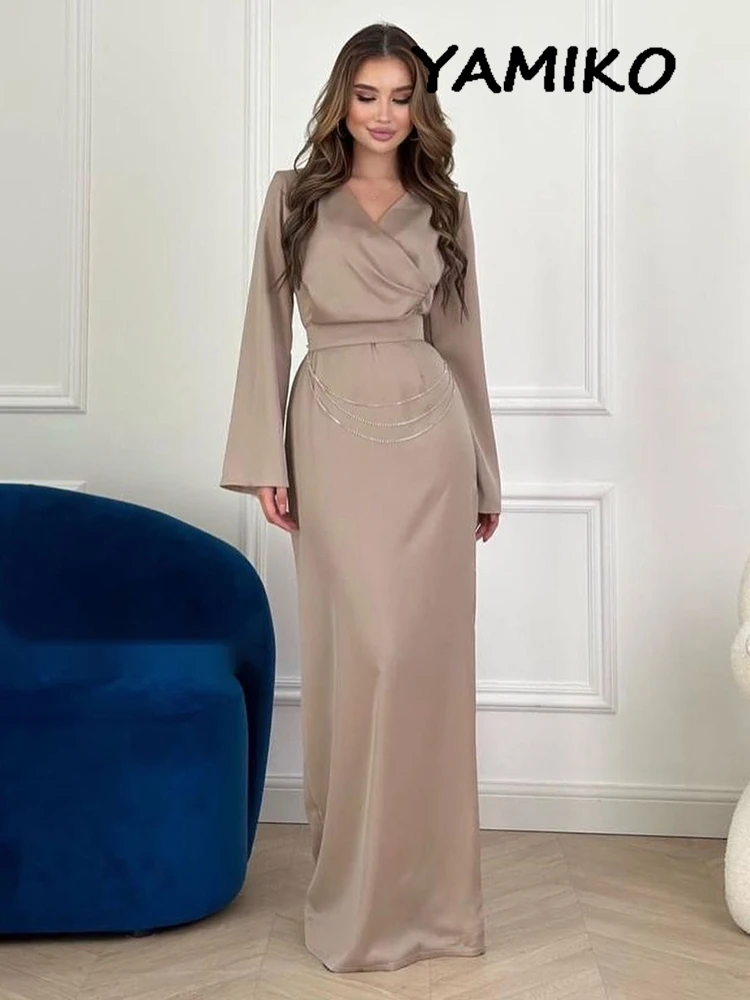 

Elegant Chain Decorated Maxi Dresses For Women V Neck Long Sleeve Lace-up Waistband Slim Lady Robes Luxury Nightclub Party Dress