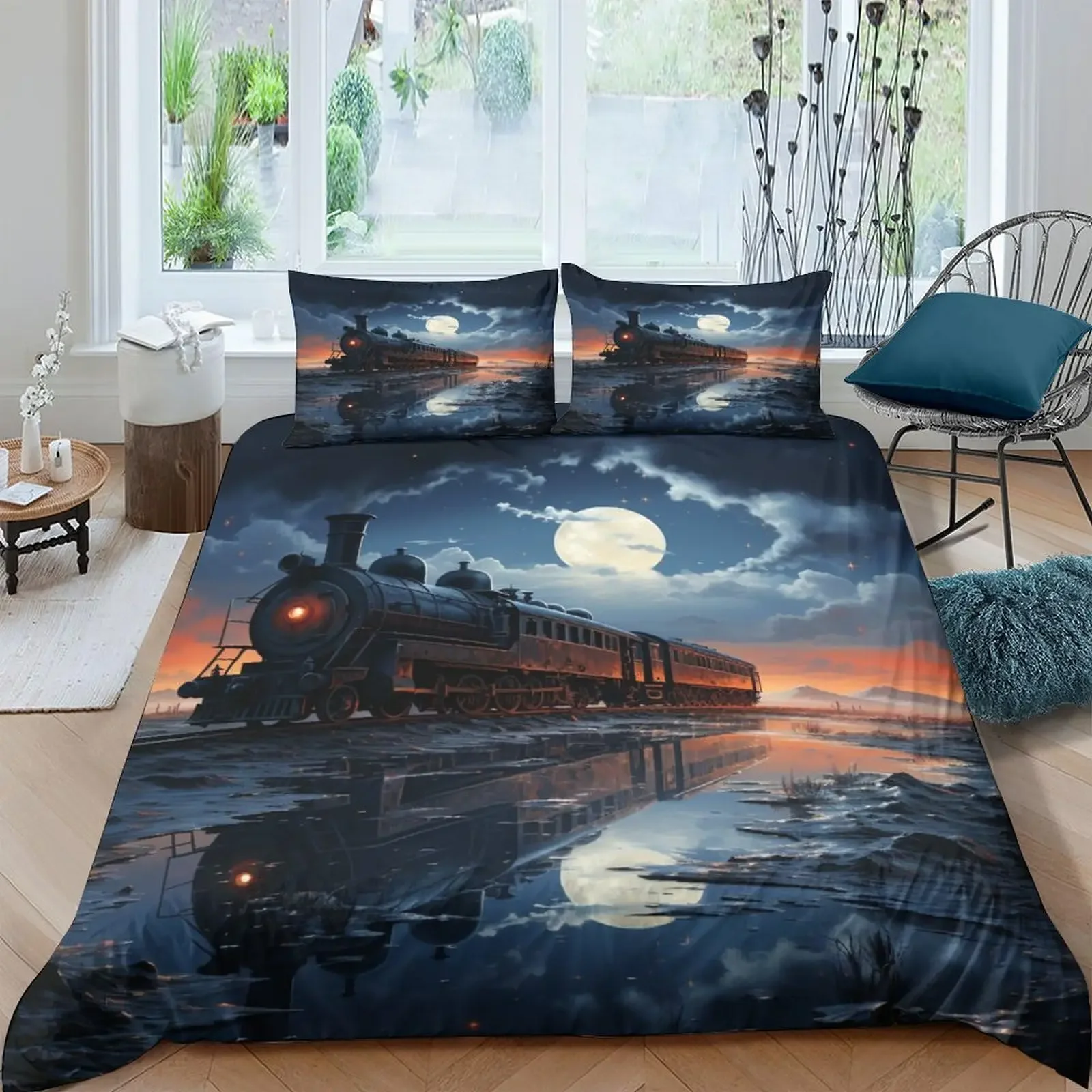 Train Bedding Set Vehicles Duvet Cover for Boys Children Teens Bedroom Decor Print Comforter Cover Set
