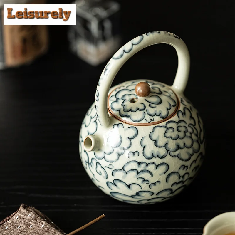 240ml Chinese Ru Porcelain Lifting Beam Teapot Boutique Auspicious Clouds Pot Tea Soaking Kettle Puer Tea Ceremony Ornaments