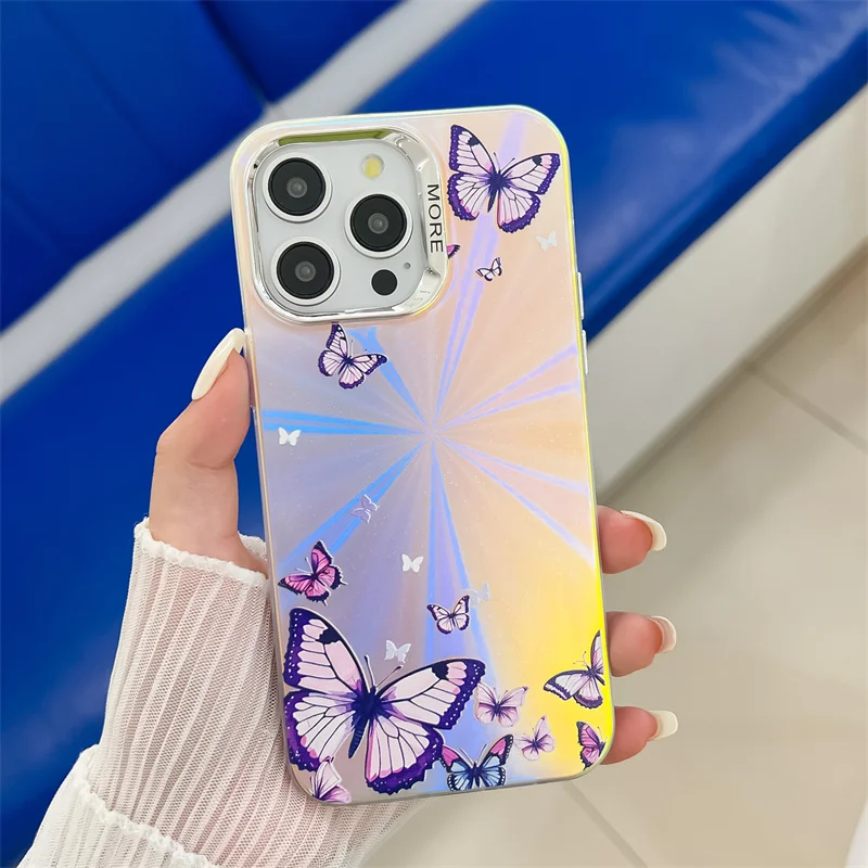 Coque de téléphone de luxe électroplaquée au laser papillon pour iPhone 16 15 14 13 Pro Max, coque arrière rigide antichoc en PC mat_voghion.com