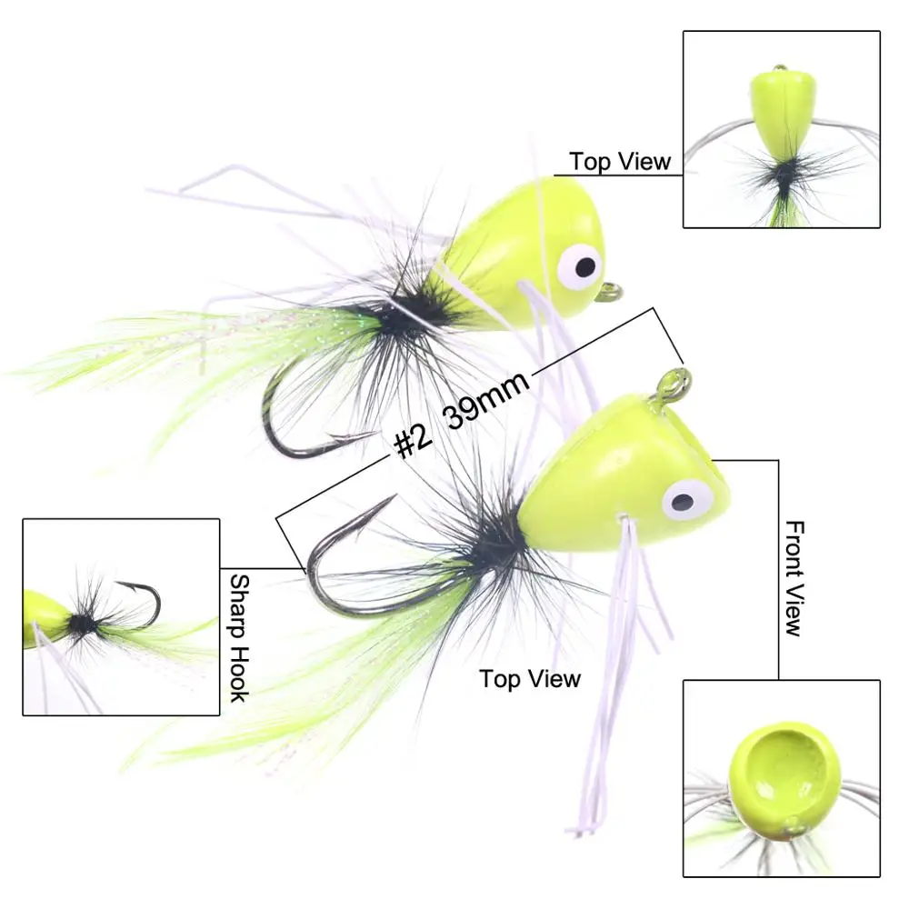 Wifreo 10pcs #2 Bass Bluegill Fly Fishing Poppers Flies Lures for