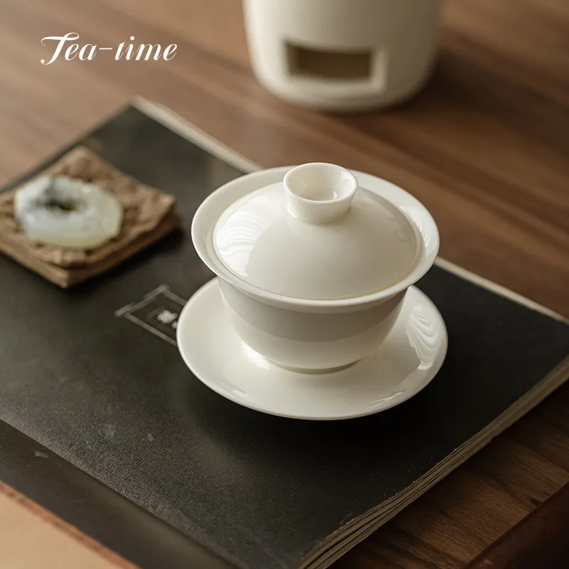 Sheep Fat Jade Gaiwan White Porcelain Sancai Large Handmade KungFu Tea Set Puer Chawan Tureen Supplies Gaiwan Bowls Tableware