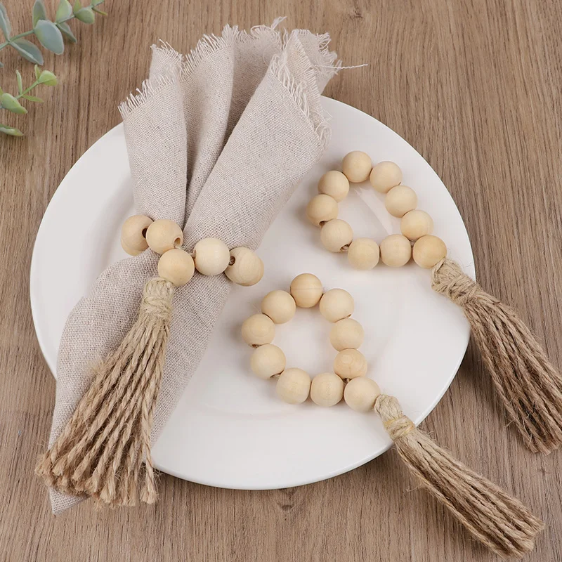 1/12Pcs Wooden Beads Napkin Rings with Tassels Rustic Wedding Table Napkin Holder Buckles Christmas Party Boho Home Decoration