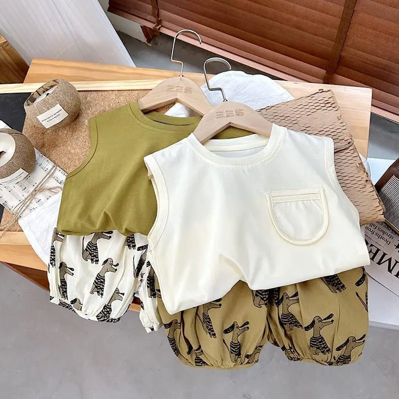 

2024 Korean Summer Children Boy 2PCS Clothes Set Muslin Solid Tank Top Cartoon Printed Thin Pant Baby Boy Outfit Little Boy Suit