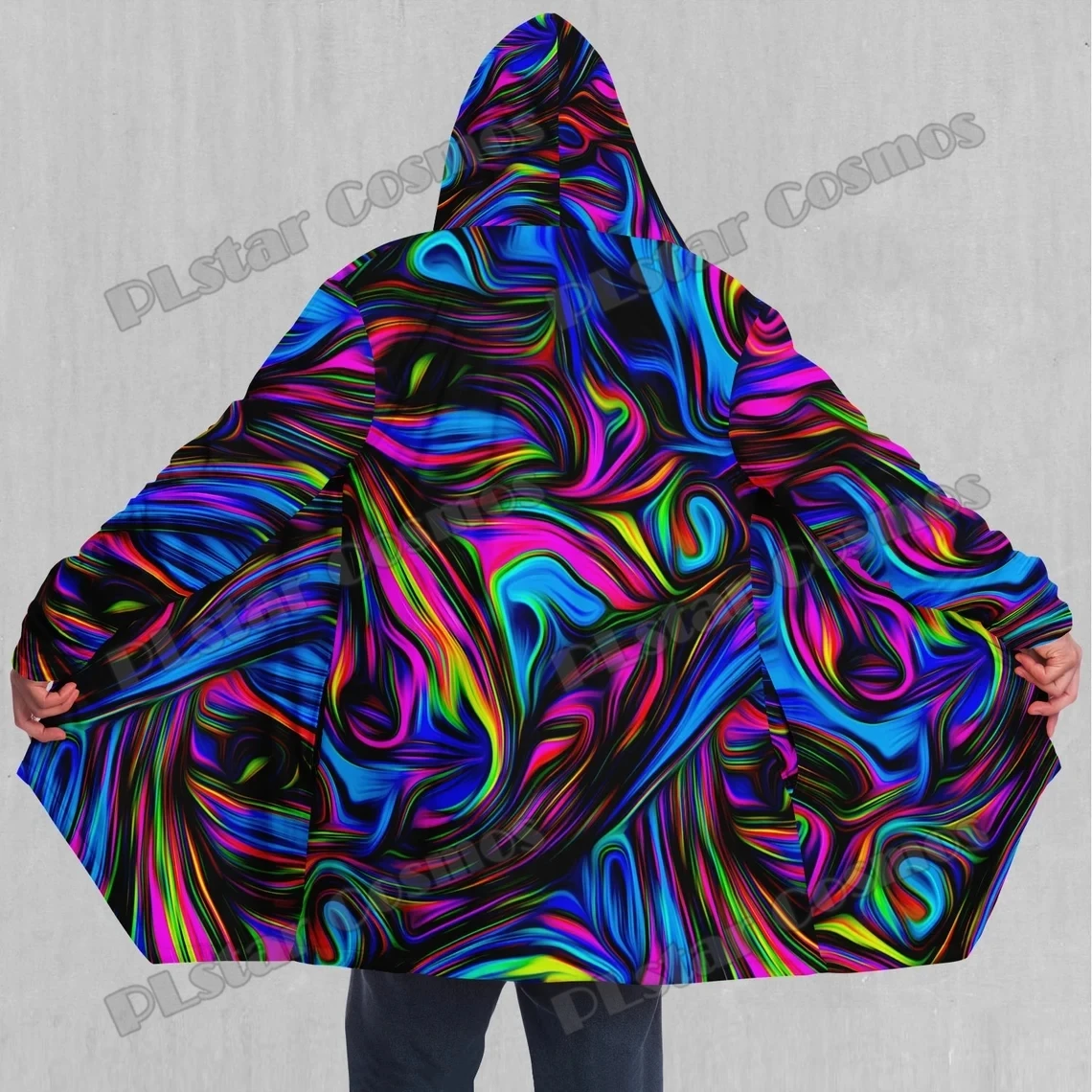 

Psychedelic Waves Colorful 3D All Over Printed Men's Sherpa Lined Hooded Cloak Winter Unisex Casual Thick Warm Cape Coat DP83