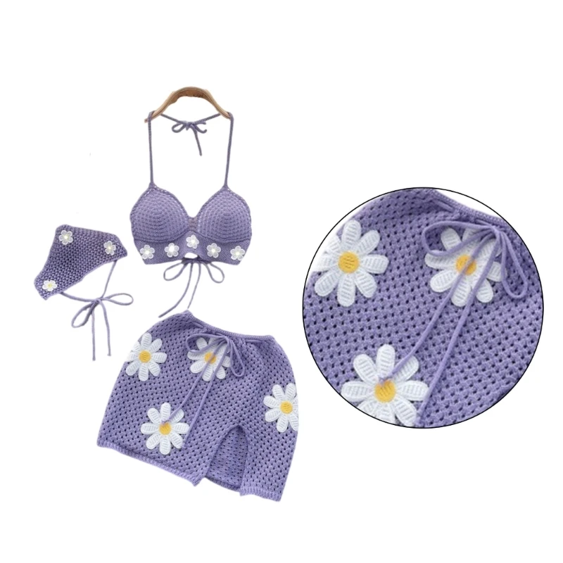 Breathable Swim Wear Set 3 Piece Beach Outfit Halterneck Top Short Skirt Headscarf Hollow Out Beach