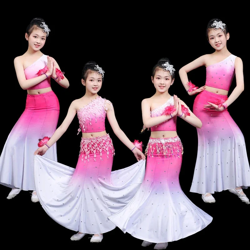 

Elegant Girl Peacock Dance Costume National Chinese Dai Dance Costumes Sexy Stage Fishtail Skirt Suits Festival Performance