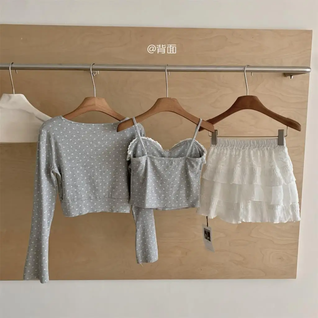 Autumn New Sweet 3-piece Skirt Set Women Spaghetti Strap Top Cardigan Mini Cake Skirt Y2K Kawaii Korean Fashion Suit Clothing
