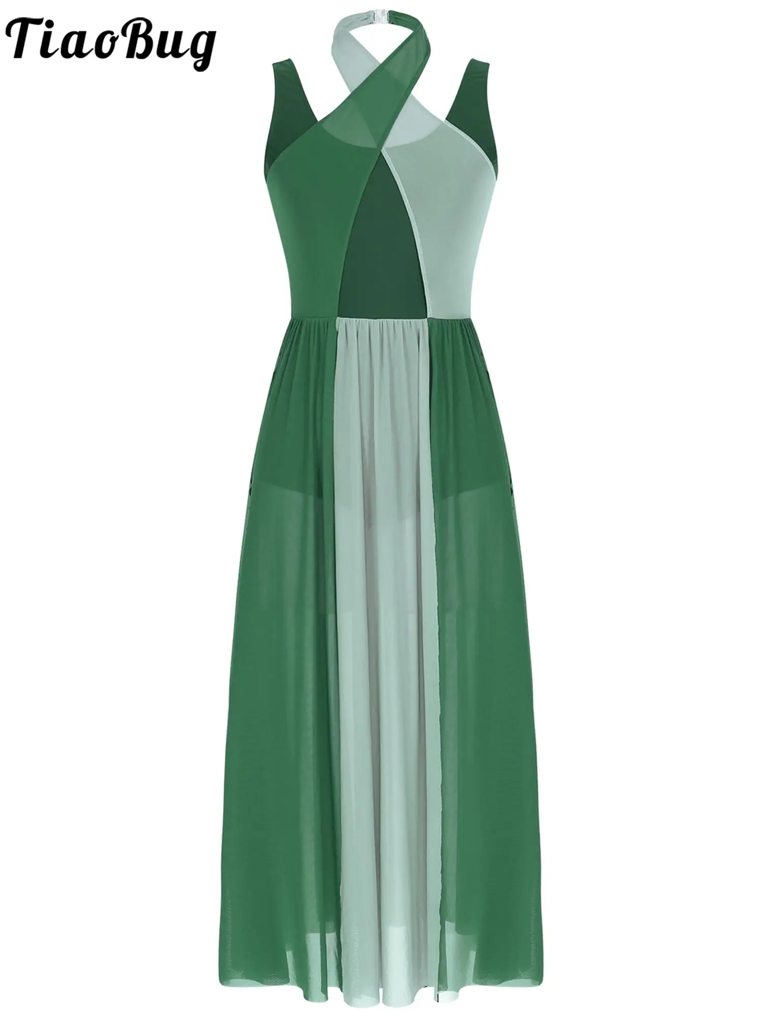 

Womens Split Mesh Leotard Lyrical Dance Dress Halter Sleeveless Lyrical Color Block Modern Contemporary Dance Competition Dress
