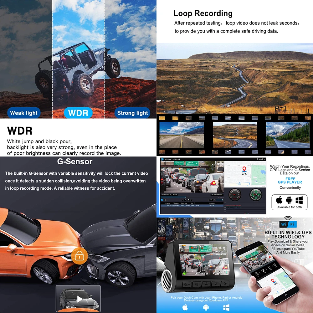XYZCAM   ī޶, 3.0 ġ LCD WiFi ڵ DVR, 24 ð  , GPS Ʈ, 1080P Ĺ ķ, 170  FOV ڵ ڴ, 2K, 4K