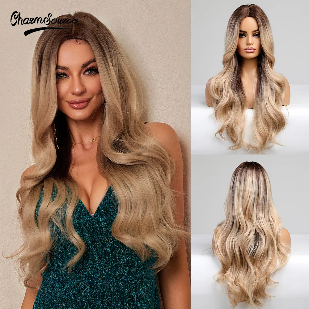 

CharmSource Synthetic Wig Long Wavy Brown Ombre Blonde for Women Party Daily High Density Heat Resistant