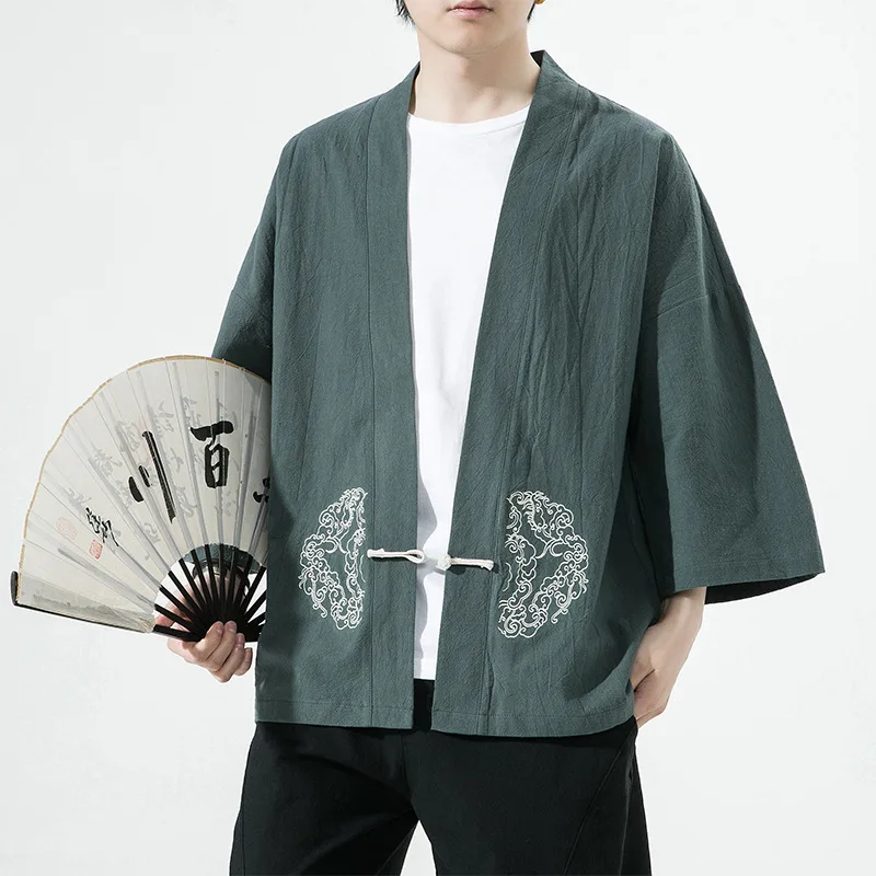 

Chinese Style Cardigan Traditional Button Kimono Casual Retro Cotton Linen Jacket Japanese Samurai Costumes Haori Yukata Coat