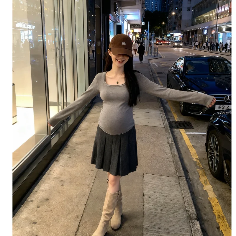 임산부 패션 긴팔 슬림핏 베이스 셔츠 가을 겨울 새로운 스타일 스퀘어 칼라 아우터 디자인 스커트